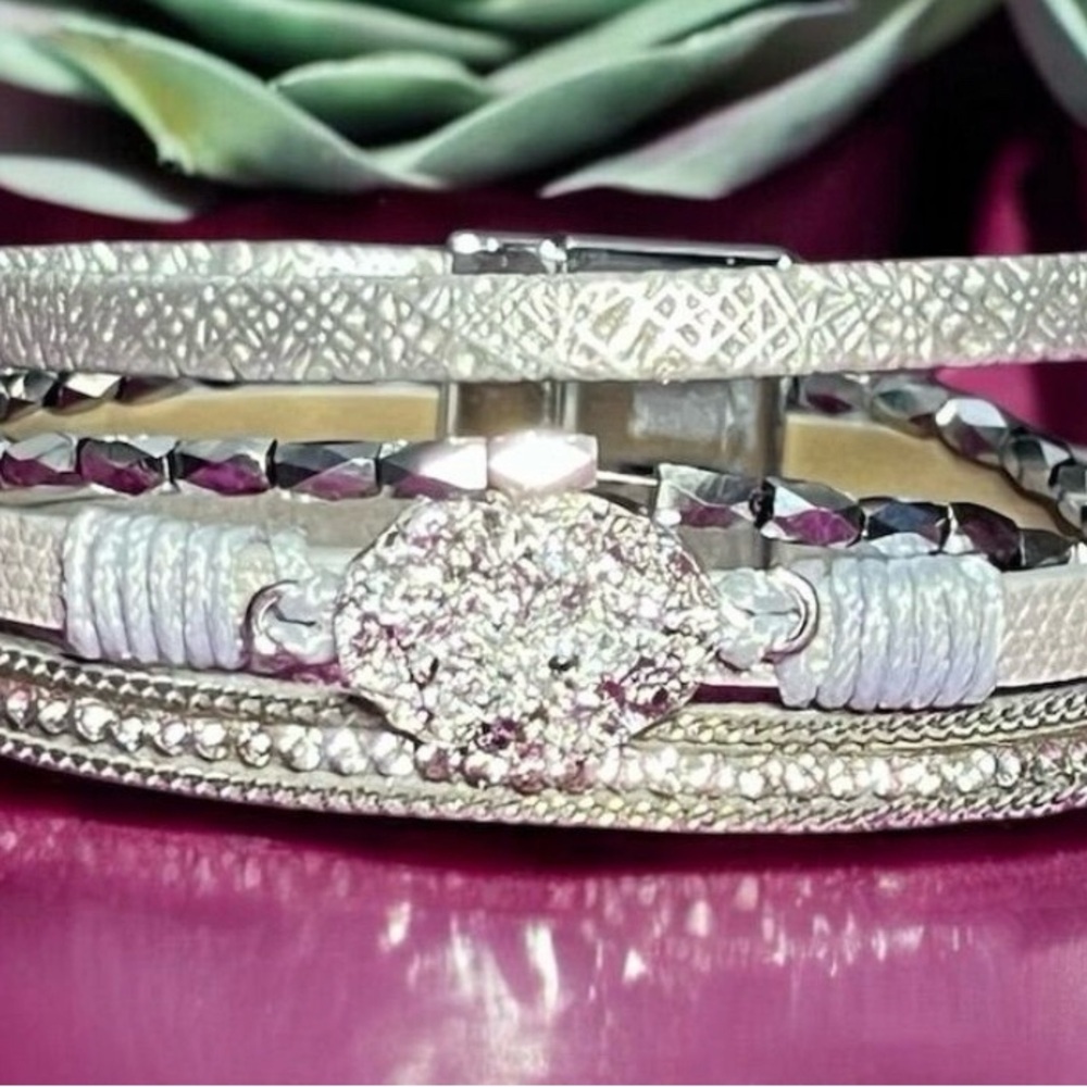 Boho Leather Wrap Bracelet with Rhinestones and Magnetic Clasp​